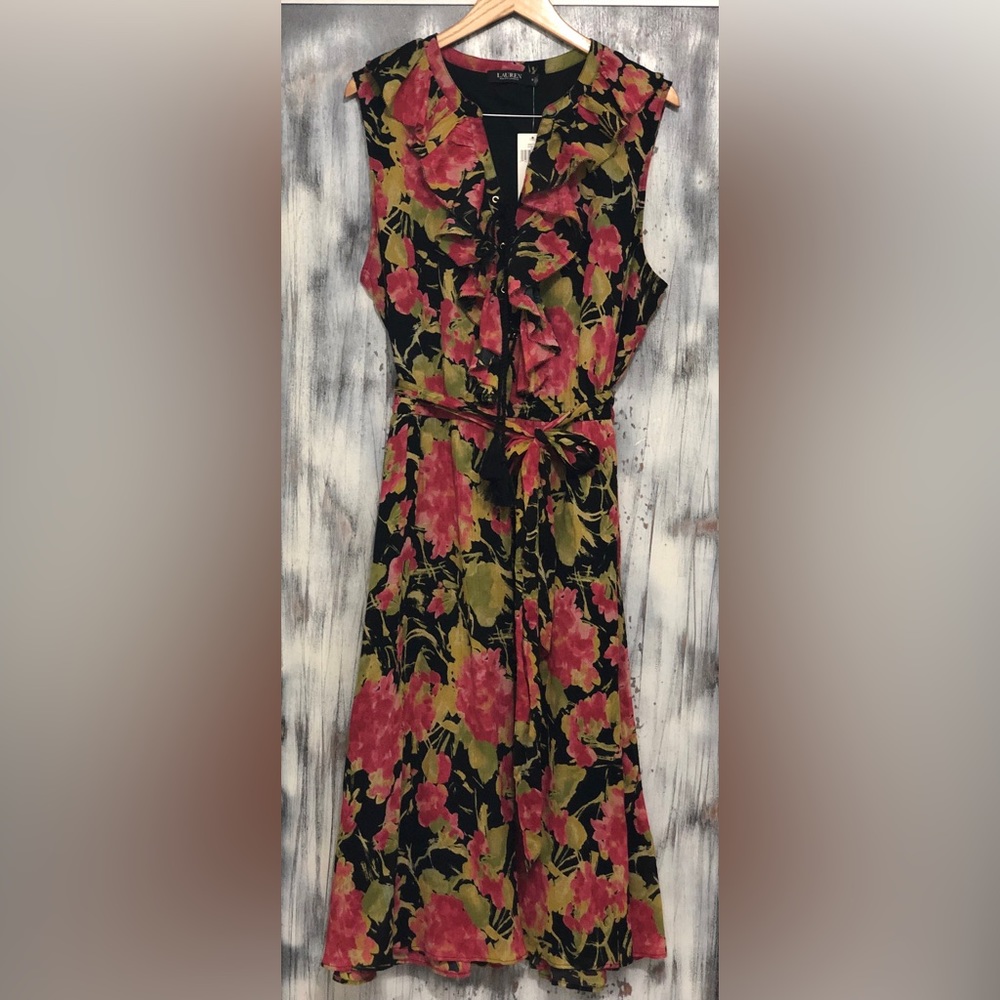 Lauren Ralph Lauren Floral VNeck Ruffle Dress ~lace-up placket & playful tassels